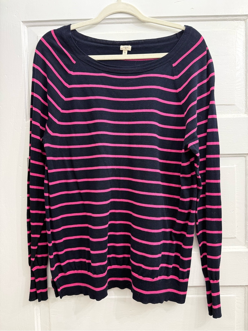 J. Crew Navy and Hot Pink Striped Boatneck Sweater